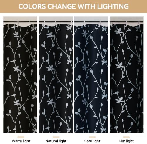 Embroidered Leaf Farmhouse Shower Curtain,Faux Linen,72Wx72L,Black