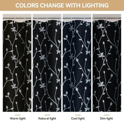 Embroidered Leaf Farmhouse Shower Curtain,Faux Linen,72Wx72L,Black