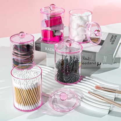2 Pcs Acrylic Qtip Holder, Cotton Ball Holder Jars with Lids, Pink