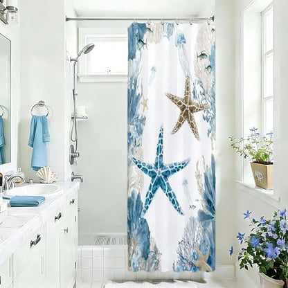 Blue Beach RV Shower Curtain for Bathroom, Ocean Coastal Theme, 32x72 In