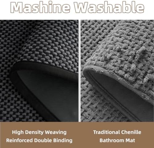 PADOOR-Bath Mat-Super Absorbent Chenille Bathroom Mats-Rubber Backed Bath Mats for Bathroom Non Slip, Easy Clean Bathroom Rugs Front of Bathtub,Shower Room,Sink-20×32, Darkgrey&Black