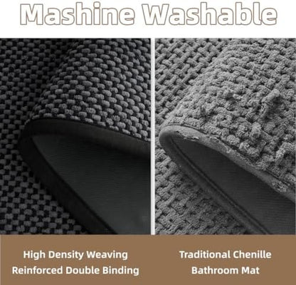 PADOOR-Bath Mat-Super Absorbent Chenille Bathroom Mats-Rubber Backed Bath Mats for Bathroom Non Slip, Easy Clean Bathroom Rugs Front of Bathtub,Shower Room,Sink-20×32, Darkgrey&Black