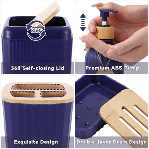 XLHOMO 32PCS Bathroom Sets with Shower Curtain and Rugs Navy Blue Shower Curtain Set 3PCS Soap Dispenser Bathroom Accessories with Bathroom Trash Can