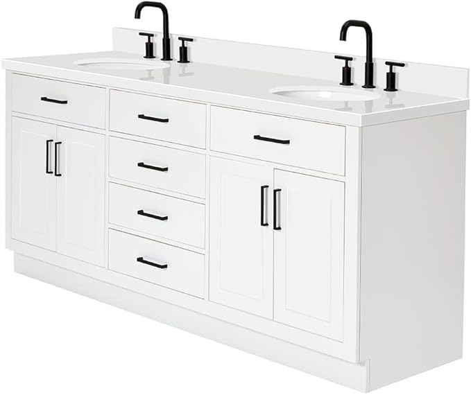 ARIEL Hepburn 72-inch Bathroom Vanity with Sink,Solid Wood, 1.5-inch Pure White Quartz Countertop & Backsplash, Double Oval Porcelain Sink, 4 Soft Closing Doors, 6 Dovetail Drawers, White