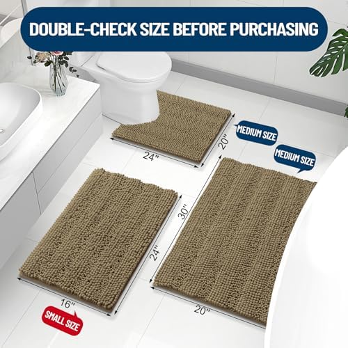 Grandaily Chenille Striped Bathroom Rugs 30x20, Extra Thick and Absorbent Bath Mats, Non-Slip Soft Plush Shaggy Shower Carpet, Machine Wash Dry, Bath Rug for Bathroom, (Medium, Tan)
