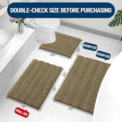 Grandaily Chenille Striped Bathroom Rugs 30x20, Extra Thick and Absorbent Bath Mats, Non-Slip Soft Plush Shaggy Shower Carpet, Machine Wash Dry, Bath Rug for Bathroom, (Medium, Tan)