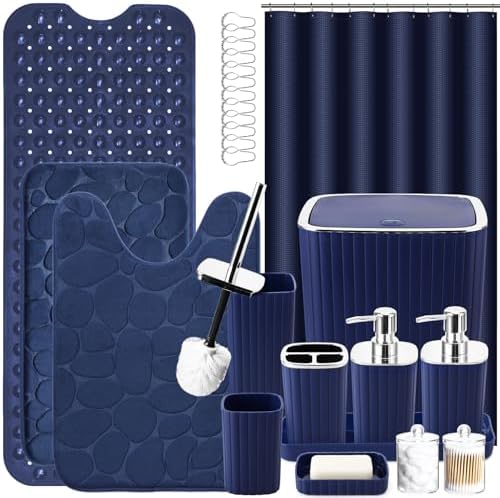 XLHOMO 26PC Bathroom Accessories Set - Gorgeous Blue Bathroom Set, Bathroom Accessory Set, Blue Shower Curtain Set with Bathtub Mats for Shower Tub