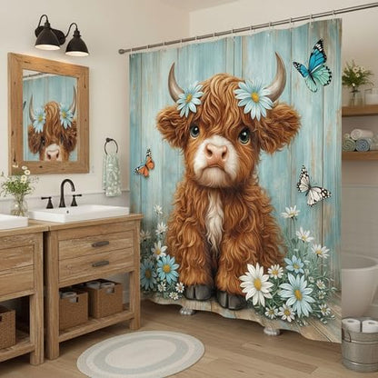 Cute Cow Shower Curtain, Farmhouse Rustic Floral Teal Daisy Funny Highland Cow Shower Curtains for Bathroom, Calf Country Plant Farm Animal Bathroom Decor with Hooks, 70x84 inch