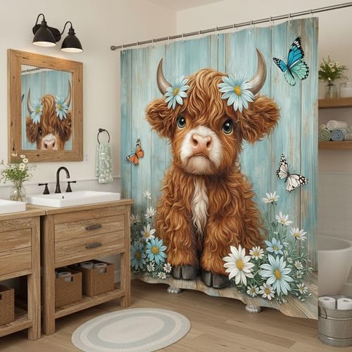 Cute Cow Shower Curtain, Farmhouse Rustic Floral Teal Daisy Funny Highland Cow Shower Curtains for Bathroom, Calf Country Plant Farm Animal Bathroom Decor with Hooks, 70x72 inch