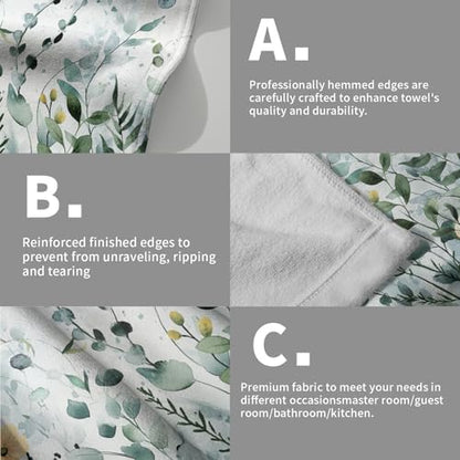 Sage Green Leaves Hand Towels Set of 2-28x14 Inch Summer Botanical Floral Leaf Butterflies Soft Highly Absorbent Face Dish Cloth for Kitchen Bathroom Gym Poolside Spa Decor