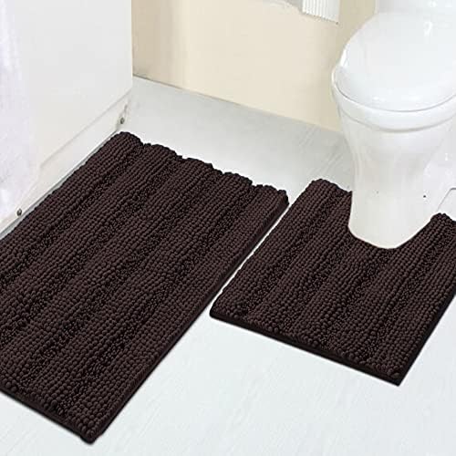 Turquoize Chenille Bathroom Rugs Set Non-Slip Bath Mats for Bathroom Super Absorbent Shaggy Shower Mat for Tub Kitchen Plush Bath Rug Plus U Toilet Mat (Standard: 20" x 32" and 20" x 20" U), Chocolate
