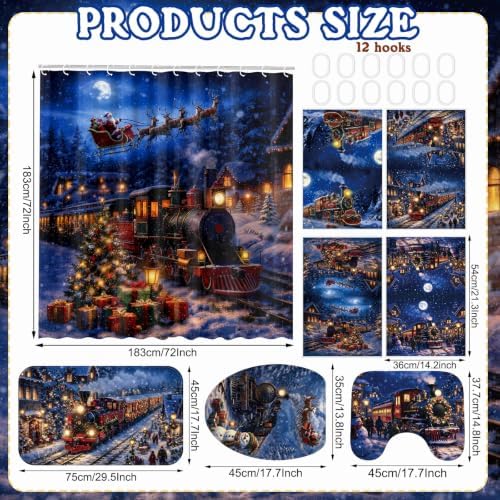 FuWeave 8 Pcs Christmas Shower Curtain Set for Bathroom Decor Include Vintage Santa Train Reindeer Towels Christmas Non Slip Snow Village Rugs Toilet Lid Cover Winter Gift Bath Mat and 12 Hooks