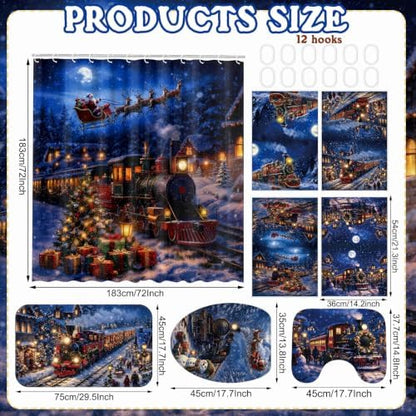 FuWeave 8 Pcs Christmas Shower Curtain Set for Bathroom Decor Include Vintage Santa Train Reindeer Towels Christmas Non Slip Snow Village Rugs Toilet Lid Cover Winter Gift Bath Mat and 12 Hooks