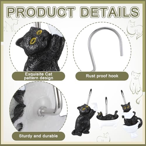 Roowest 12 Pcs Black Cat Shower Curtain Hooks, Stainless Steel Farmhouse