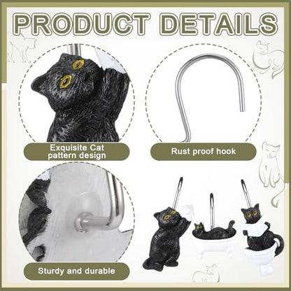 Roowest 12 Pcs Black Cat Shower Curtain Hooks, Stainless Steel Farmhouse