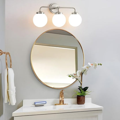 Bathroom Light Fixtures Over Mirror, Brushed Nickel Modern Vanity Lights with Milk White Glass Globe Shades 3-Light Farmhouse Wall Sconce Lighting