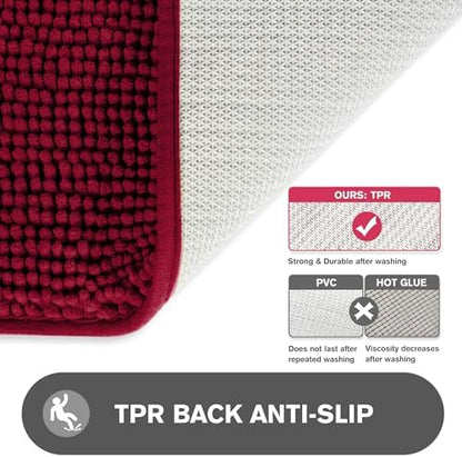 Vivid Burgundy Bathroom Rugs – Absorbent and Washable Bath Mat, Non-Slip, Thick Soft Chenille Bath Rugs for Bathroom Floor, Shower, Sink - 17" x 24"