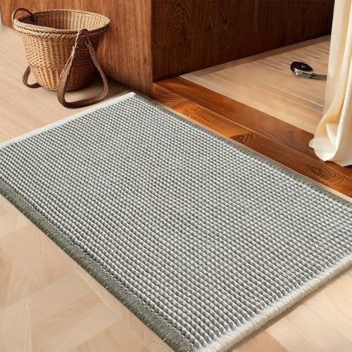 IM HOME Waffle Bath Mat Green & Cream 36"x24", Boho Woven Modern Bath Mat Rugs, Absorbent Non Slip Bathroom Rugs, Soft Washable Bath Rugs with Tassels for Bedroom, Kitchen, Shower, Tub