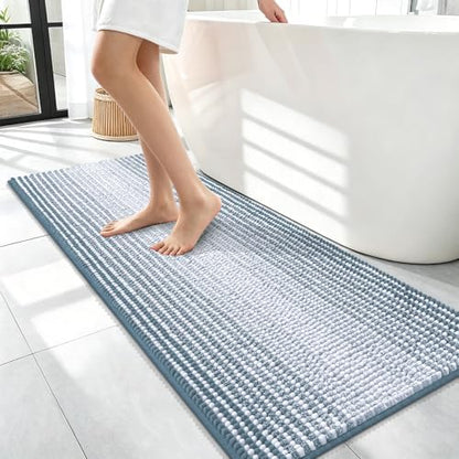 OLANLY Bathroom Runner Rugs 47x17, Chenille Striped Bath Rugs, Airy Blue