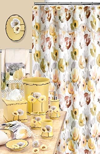 Zahari Home 13pc Poppy Fields Bathroom Shower Curtain Set Yellow Shower Curtain & 12 Shower Curtain Hooks Luxury Contemporary Colorful Shower Curtain Unique Design Stylish Shower Curtain Set