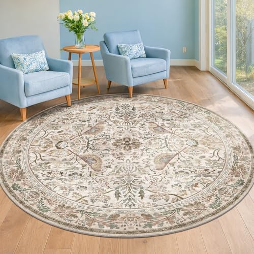 Hazo Haus Boho 6ft Area Round Rug for Living Room - Floral Vintage Circular Rug for Kids Bedroom, Dining Room, Home Office, Washable Low Pile Non Slip, Moss Green & Olive Indoor Aesthetic Décor