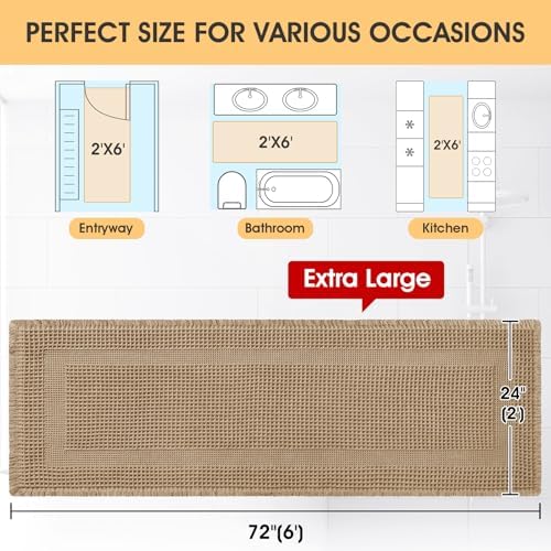 IM HOME Extra Large Waffle Bath Mat, Boho Bathroom Rugs Absorbent Non Slip, Ultra Soft Bathroom Mat, Machine Washable Knit Bath Rugs with Border for Bathroom, Bedroom, Kitchen, Shower, 6'x2', Beige