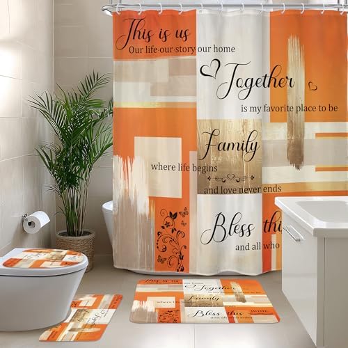 Beige Orange Abstract Oil Quotes 4Pcs Bathroom Shower Curtain Set with Rugs
