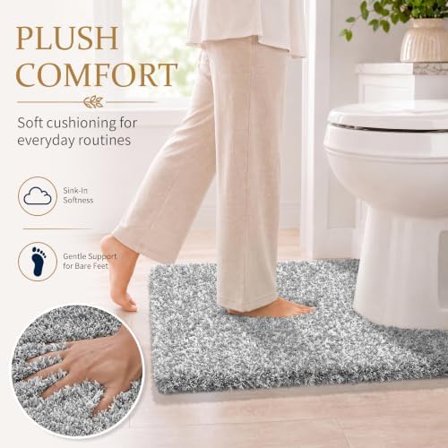 Yimobra Fluffy Toilet Rugs U Shaped, Shaggy Soft Comfortable Non Slip, Water Absorbent Microfiber Bath Mat, Dries Quickly, Machine Washable Thick Bathroom Floor Rugs, 24"x 20", Light Gray and White