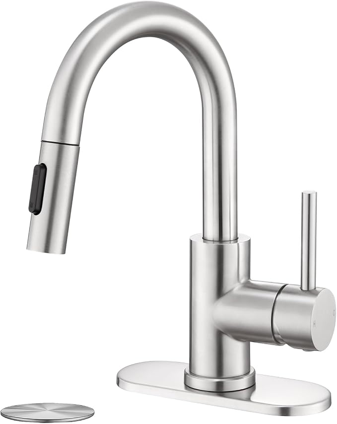 Brushe Nickel Bathroom Sink Faucet with Pull Down Sprayer | 2 Mode Sprayer, with Deck Plate for 1 or 3 Hole, 360° Swivel, with Pop Up Drain for Vanity Bar RV Basin Laundry Kitchen