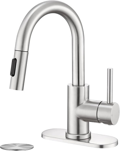 Brushe Nickel Bathroom Sink Faucet with Pull Down Sprayer | 2 Mode Sprayer, with Deck Plate for 1 or 3 Hole, 360° Swivel, with Pop Up Drain for Vanity Bar RV Basin Laundry Kitchen