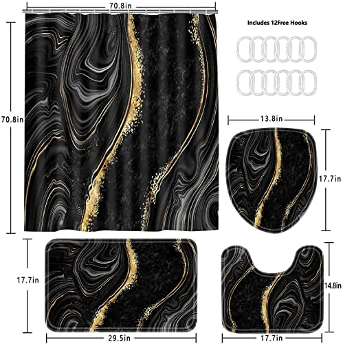 Nkzply 4 Pcs Black Marble Shower Curtain Sets with Rugs Gold Bathroom Set