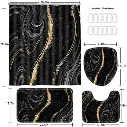 Nkzply 4 Pcs Black Marble Shower Curtain Sets with Rugs Gold Bathroom Set