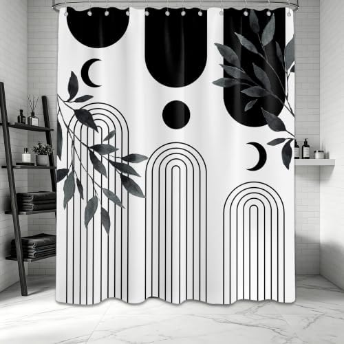 Mid Century Modern White and Black Shower Curtain Bohemian MCM Black and White Shower Curtains for Mens Bathroom Decor, Boho Minimalist Pattern, Waterproof Cloth Fabric with Hooks 70x96 in