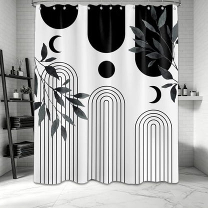 Mid Century Modern White and Black Shower Curtain Bohemian MCM Black and White Shower Curtains for Mens Bathroom Decor, Boho Minimalist Pattern, Waterproof Cloth Fabric with Hooks 70x96 in