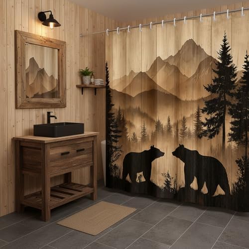Bear Shower Curtain, Rustic Cabin Forest Shower Curtain Brown Wooden Print Wildlife Country Bath Curtains with Hooks, Hunting Camping Waterproof Polyester Fabric Bathroom Decor Accessories,60X70IN