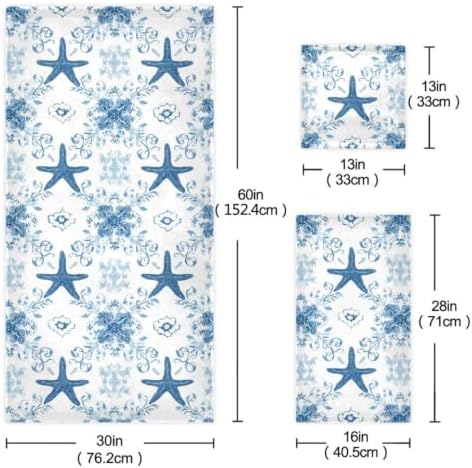 Naanle 3D Starfish and Seashells on Sand Beach Soft Decorative Set of 3 Towels, 1 Bath Towel+1 Hand Towel+1 Washcloth, Multipurpose for Bathroom, Hotel, Gym, Spa and Beach
