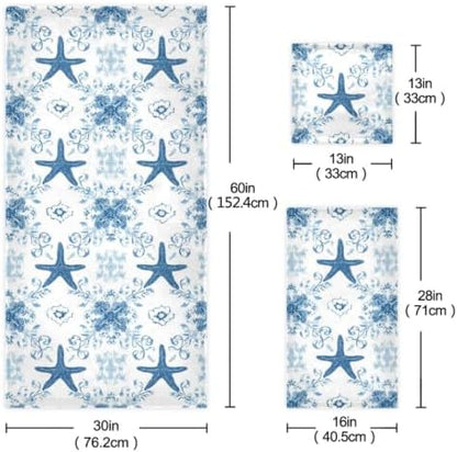 Naanle 3D Starfish and Seashells on Sand Beach Soft Decorative Set of 3 Towels, 1 Bath Towel+1 Hand Towel+1 Washcloth, Multipurpose for Bathroom, Hotel, Gym, Spa and Beach