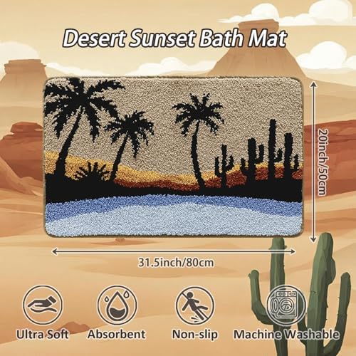 Bathroom Rug Mat, Beach Sunset Fluffy Rug with Palm Tree & Cactus Silhouette, Ultra Absorbent Microfiber Shaggy Door Mat, Quick Dry Bath Rug Carpet for Toilet Bathtub Bedroom 20x31 Inch