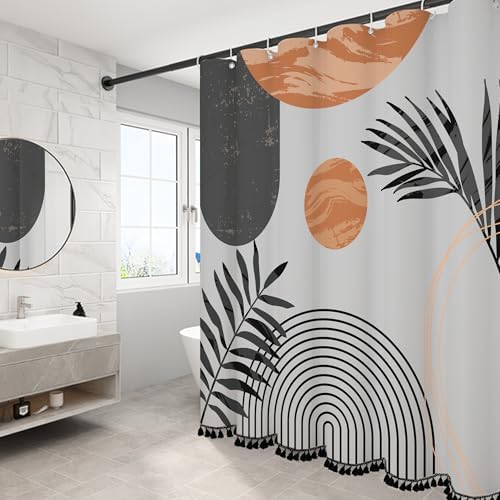 Boho Mid Century Leaf Shower Curtain Set,Arch Sun Design,Minimalistic Leaves Pattern,Waterproof and Luxurious Fabric-12 Hooks(Grey-72" x 72")