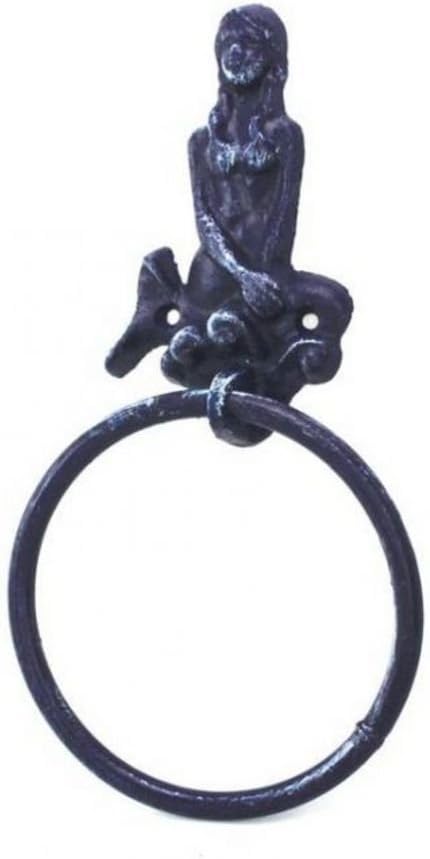 Handcrafted Nautical Decor Rustic Dark Blue Cast Iron Mermaid Towel Holder 8.5" - Cast Iron Decoration - A