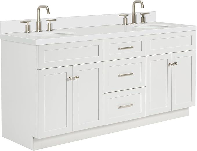 ARIEL Hamlet 72-inch Bathroom Vanity with Sink,Solid Wood, 1.5-inch Pure White Quartz Countertop & Backsplash, Double Oval Porcelain Sink, 4 Soft Closing Doors, 3 Dovetail Drawers, White