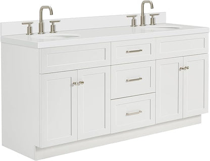 ARIEL Hamlet 72-inch Bathroom Vanity with Sink,Solid Wood, 1.5-inch Pure White Quartz Countertop & Backsplash, Double Oval Porcelain Sink, 4 Soft Closing Doors, 3 Dovetail Drawers, White