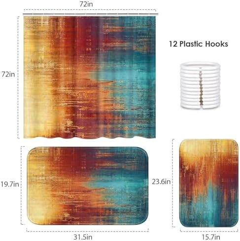 ArtSocket Bathroom Set, Shower Curtain and Bath Rugs Blue Orange