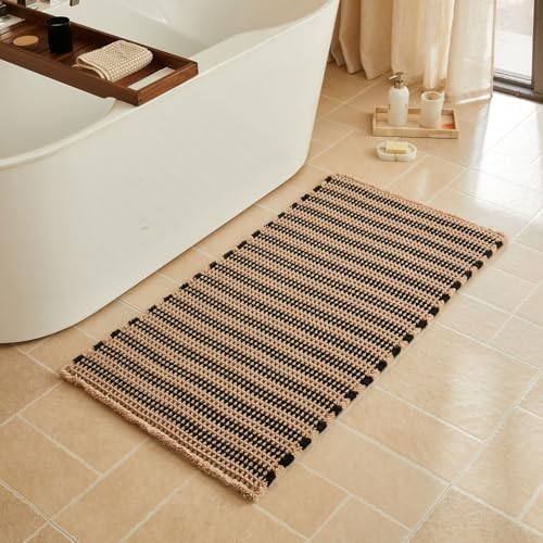 Triohero Waffle Bath Mat, Boho Bathroom Rugs Non Slip, 24x48 Khaki & Black
