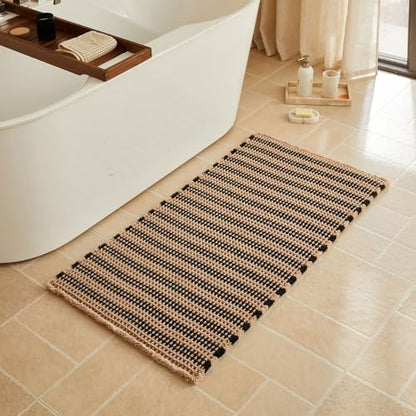 Triohero Waffle Bath Mat, Boho Bathroom Rugs Non Slip, 24x48 Khaki & Black