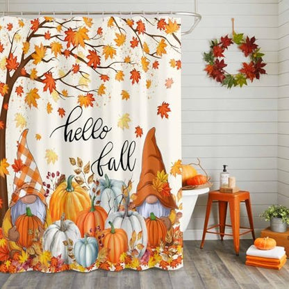 Shower Curtain Bathroom Set Autumn Gnome Orange Maple Tree Waterproof Shower Curtains with Grommets Hooks Thanksgiving Pumpkin Watercolor Privacy Bath Curtain for Bathtub Decor 48x72in