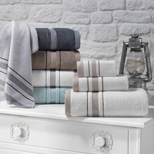 Bath Towels Set for Bathroom – Luxury 6-Piece Cotton Towels, Soft Absorbent & Quick Dry, 600 GSM Bath Towels for Bathroom, Hotel Spa Quality (White/Grey, 6- Bath Towel Set)