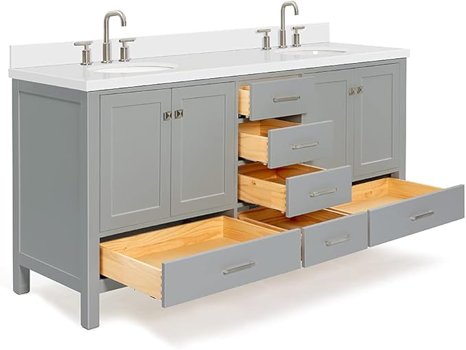 ARIEL Cambridge 72-inch Bathroom Vanity with Sink,Solid Wood, 1.5-inch Pure White Quartz Countertop & Backsplash, Double Oval Porcelain Sink, 4 Soft Closing Doors, 6 Dovetail Drawers, Grey