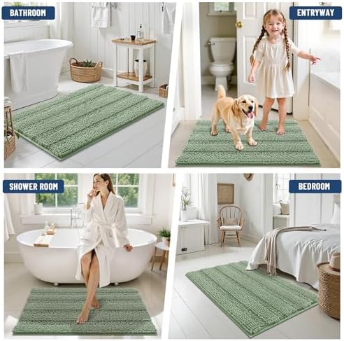 Grandaily Chenille Striped Bathroom Rugs 47x20, Extra Thick and Soft Absorbent Bath Mats, Rubber Backing, Plush Shaggy Shower Carpet, Machine Wash Dry, Bath Rug for Bathroom, Grayish Green