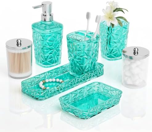 Bathroom Accessories Set, 7 Pcs Teal Bathroom Set, Acrylic Soap Dispenser and Toothbrush Holder Set, Qtip Holder Set, Bathroom Sink Set, Gift for Home Apartment